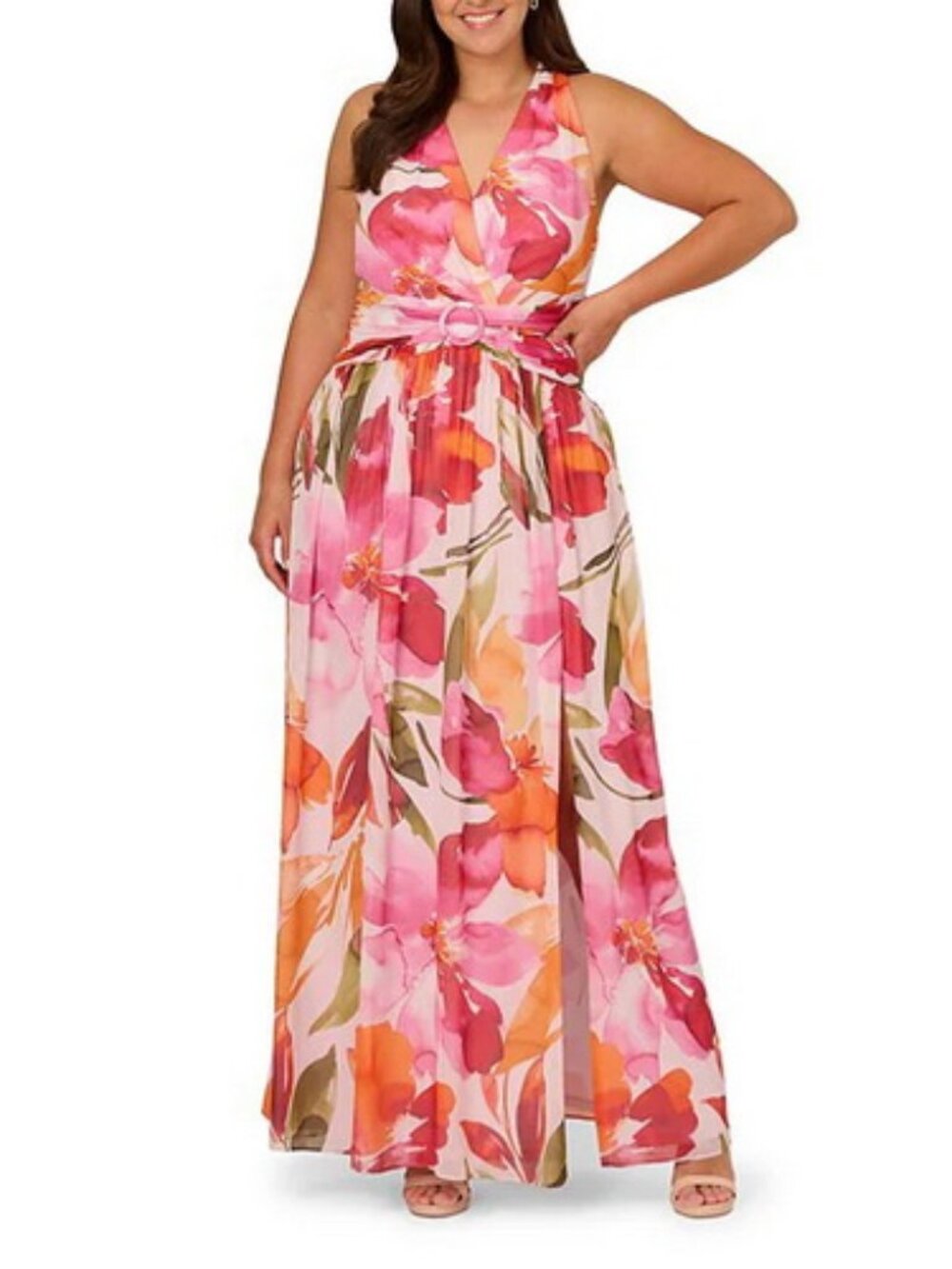Adrianna Papell Pink Orange Floral Chiffon Maxi Dress